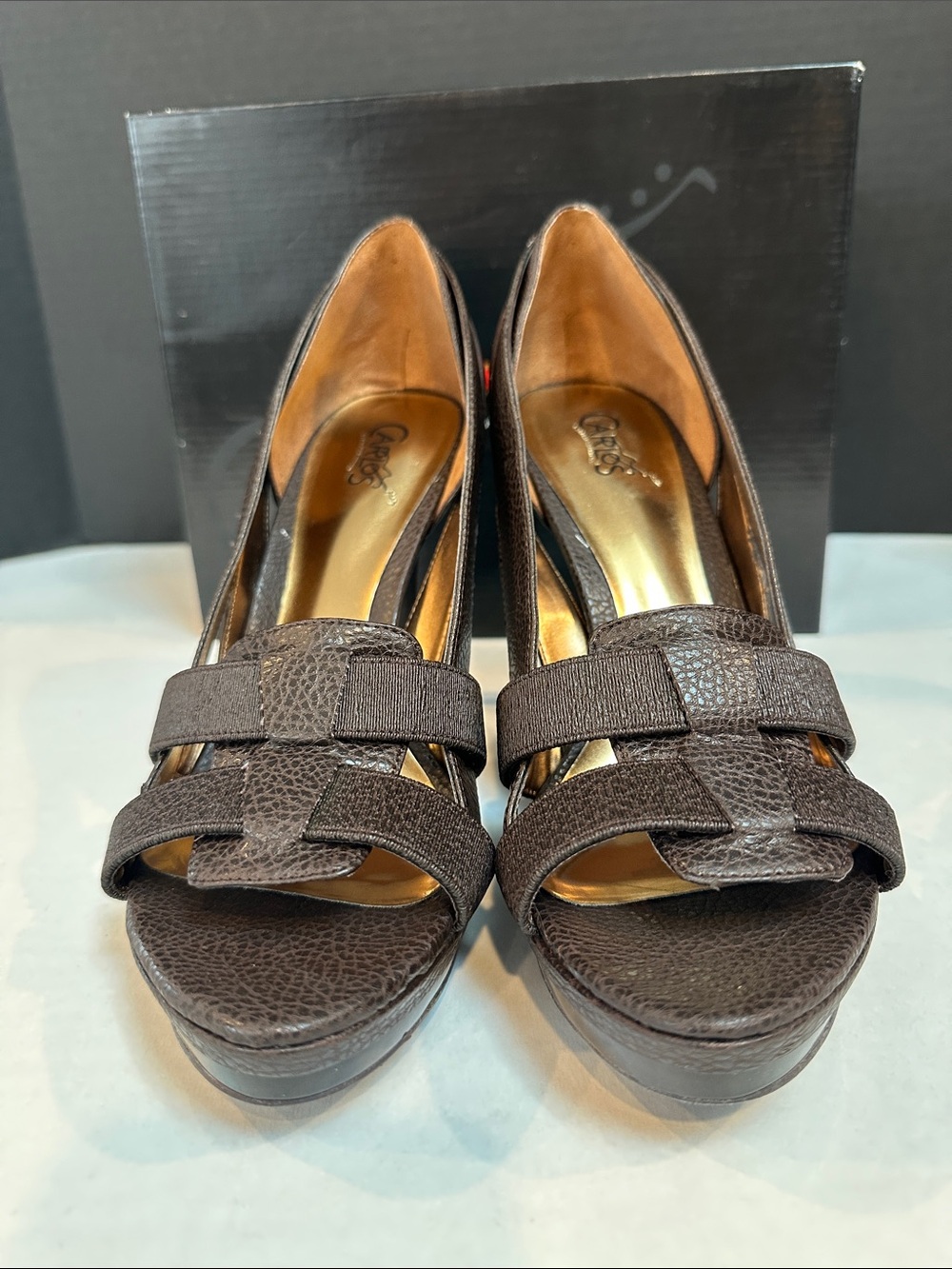 Carlos Santana women’s brown strappy leather stiletto with peek a boo toe. 9